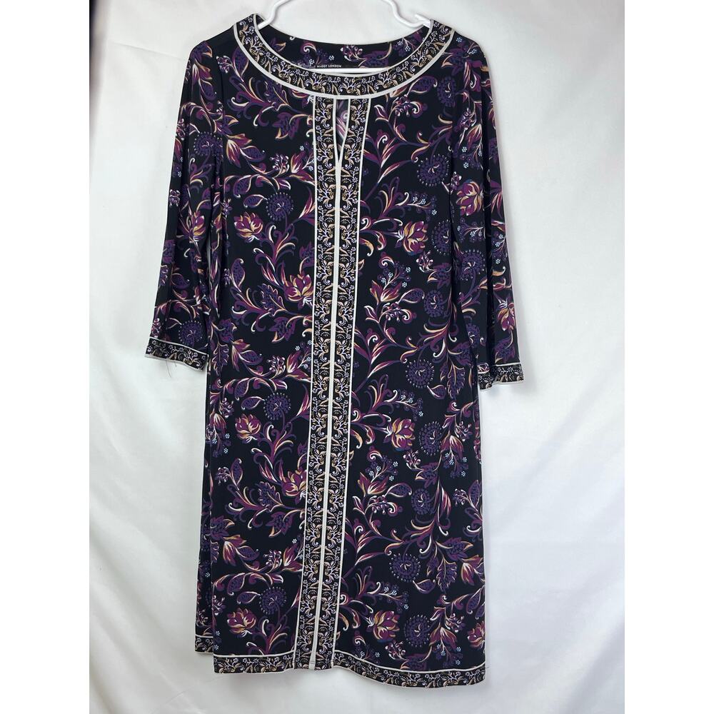 Maggy London Women 10 Black Floral Print Slip On 3/4 Sleeve Vacation Beach Dress